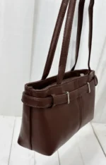 ALT: کیف دوشی زنانه قهوه‌ای سگک‌دار جنس صابونی