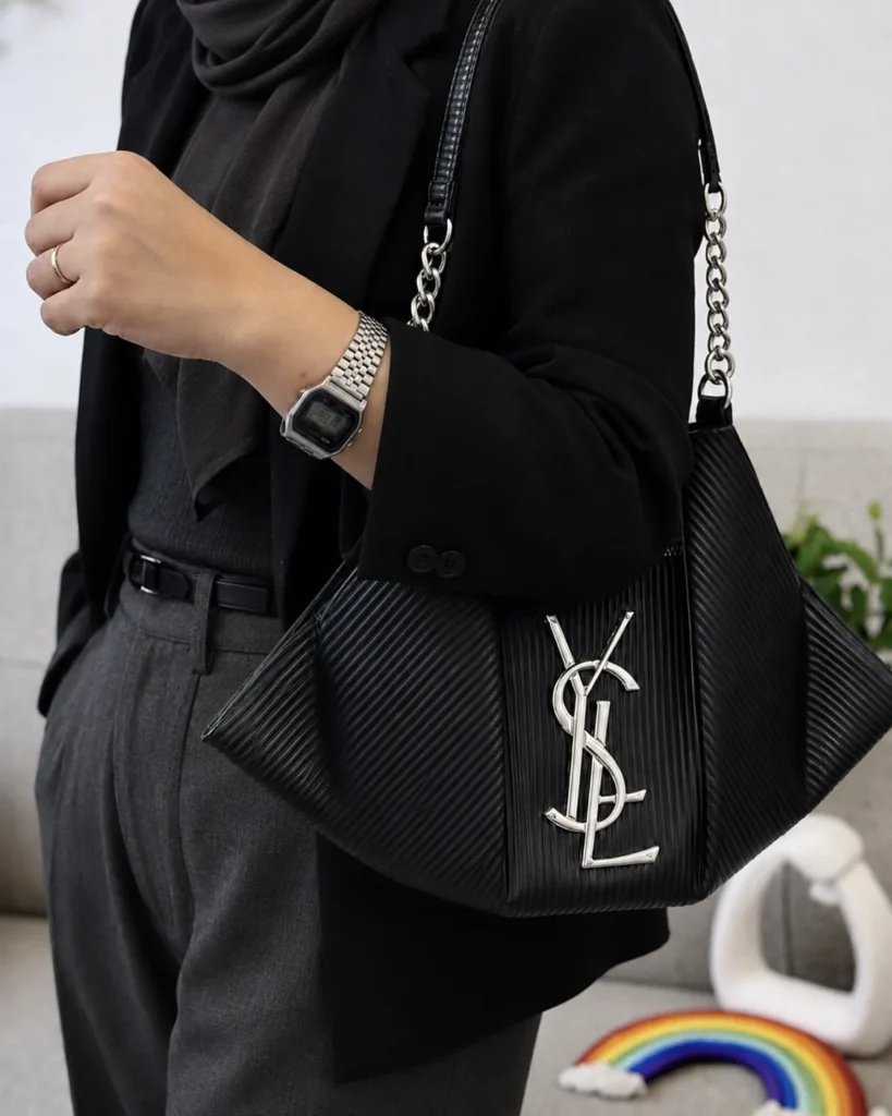 ALT: کیف دوشی زنانه طرح YSL مشکی کبریتی با بند زنجیری