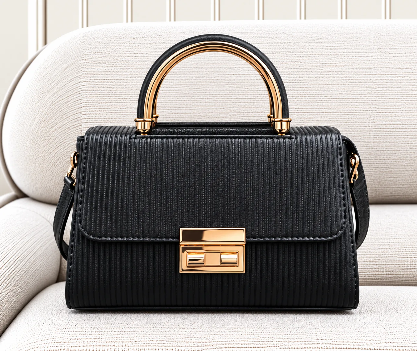 black-womens-gold-hardware-hand-shoulder-bag.webp کیف دستی و دوشی زنانه مشکی بافتدار با قفل و یراق طلایی