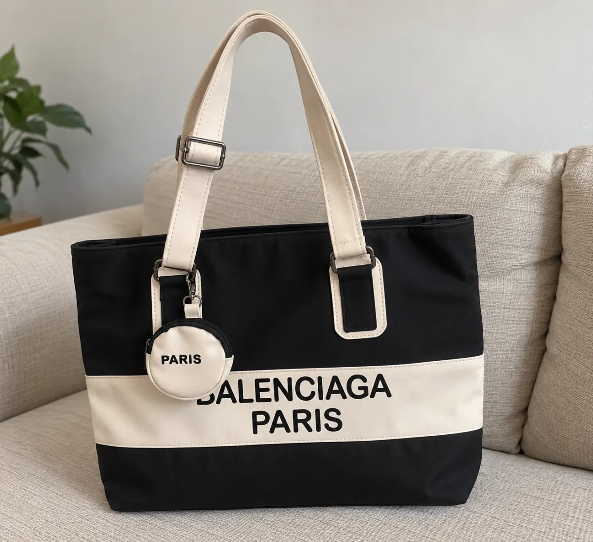 کیف دوشی زنانه دانشجویی بالنسیاگا مشکی کرم جادار با کیف آویز