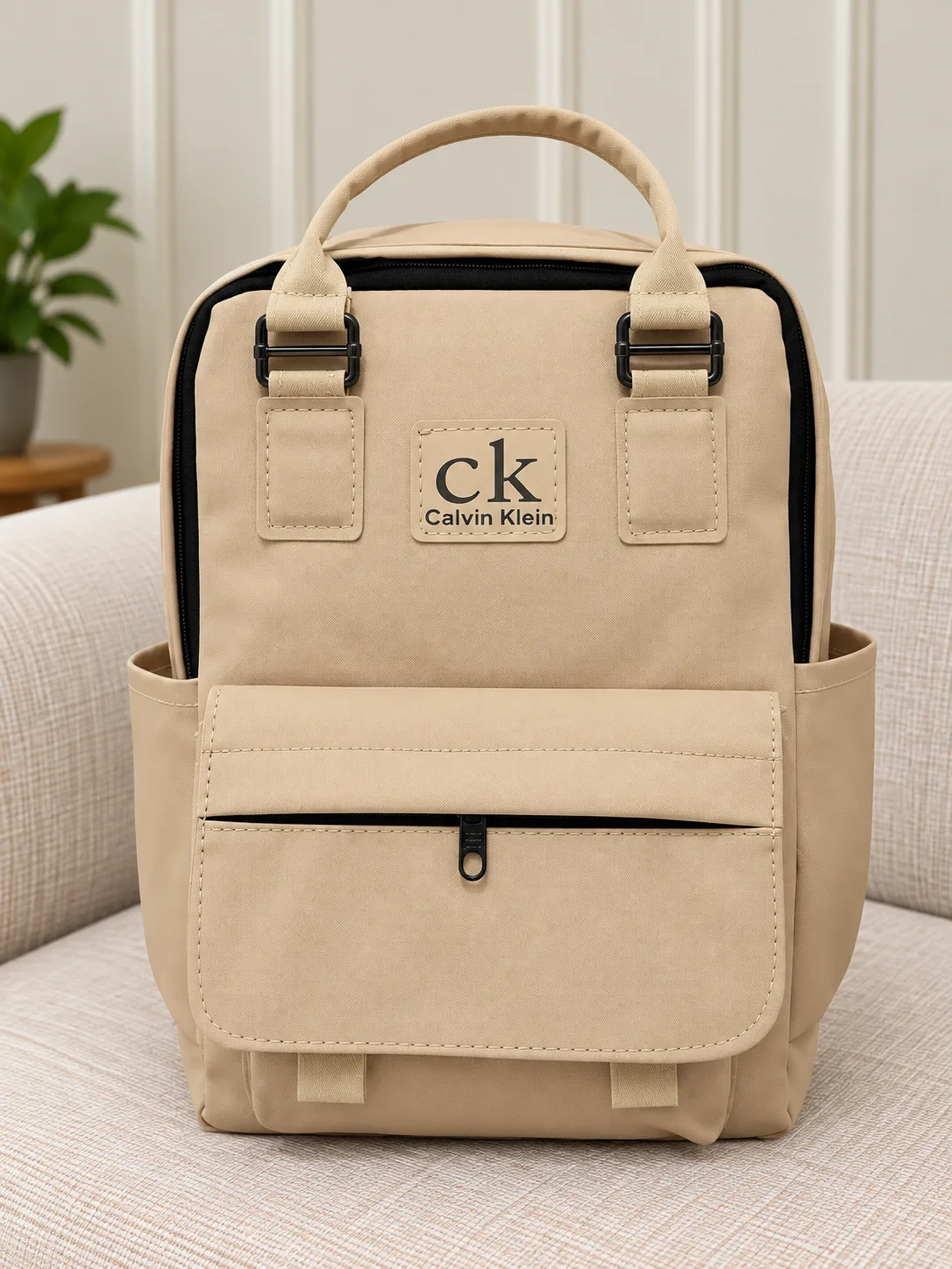 calvin-klein-ck-cream-unisex-backpack.webp کوله پشتی CK کالوین کلین زنانه و مردانه کرم با جیب جلویی زیپدار