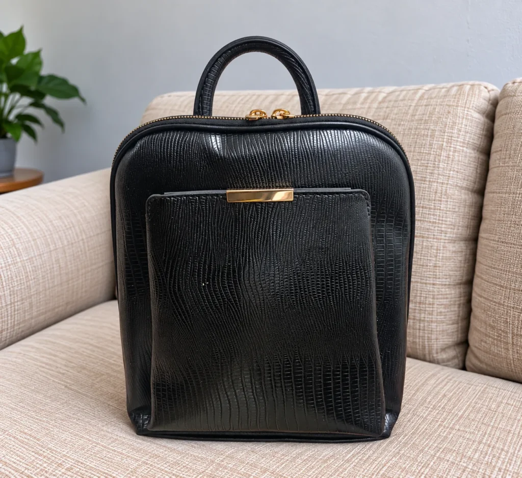 کیف دستی و کوله پشتی زنانه مشکی طرح کروکودیل نمای جلو