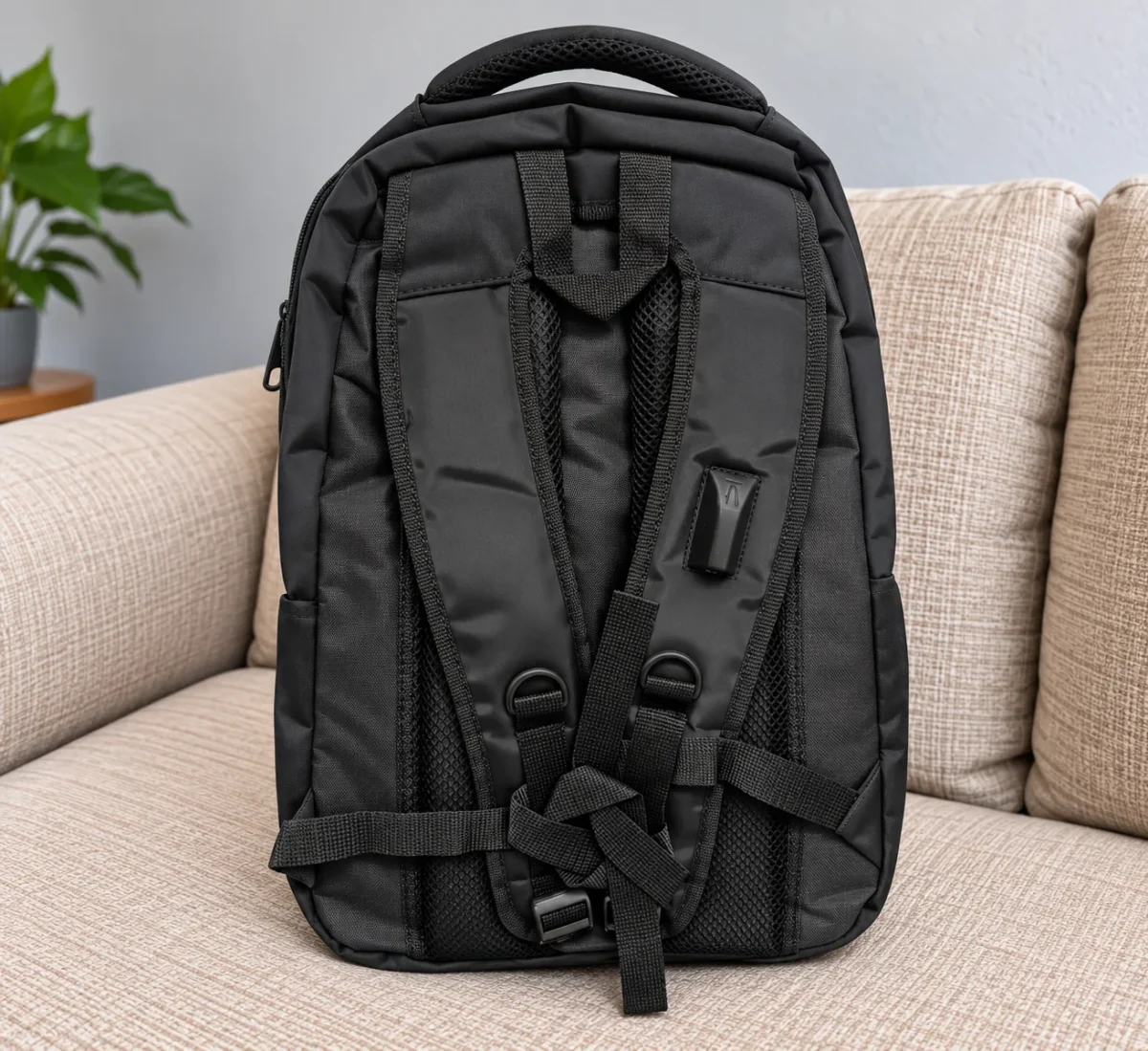 کوله پشتی کاترپیلار مشکی با بندهای پددار نمای پشت
