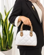 کیف دخترانه نیم گرد سفید طرح گلدوزی با دسته کرم