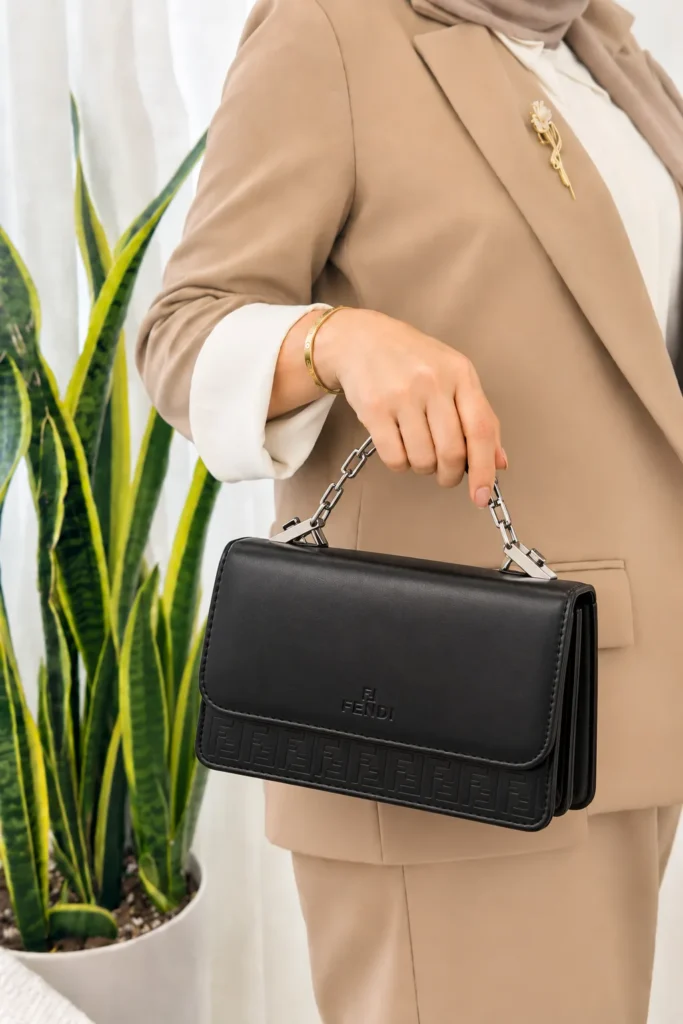 کیف دستی و دوشی زنانه فندی FENDI مشکی با زنجیر نقره‌ای نمای جلو