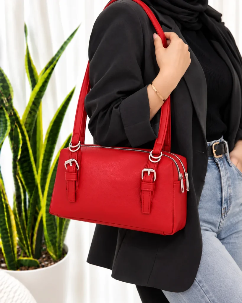 کیف دستی و دوشی زنانه دو زیپ رنگ قرمز